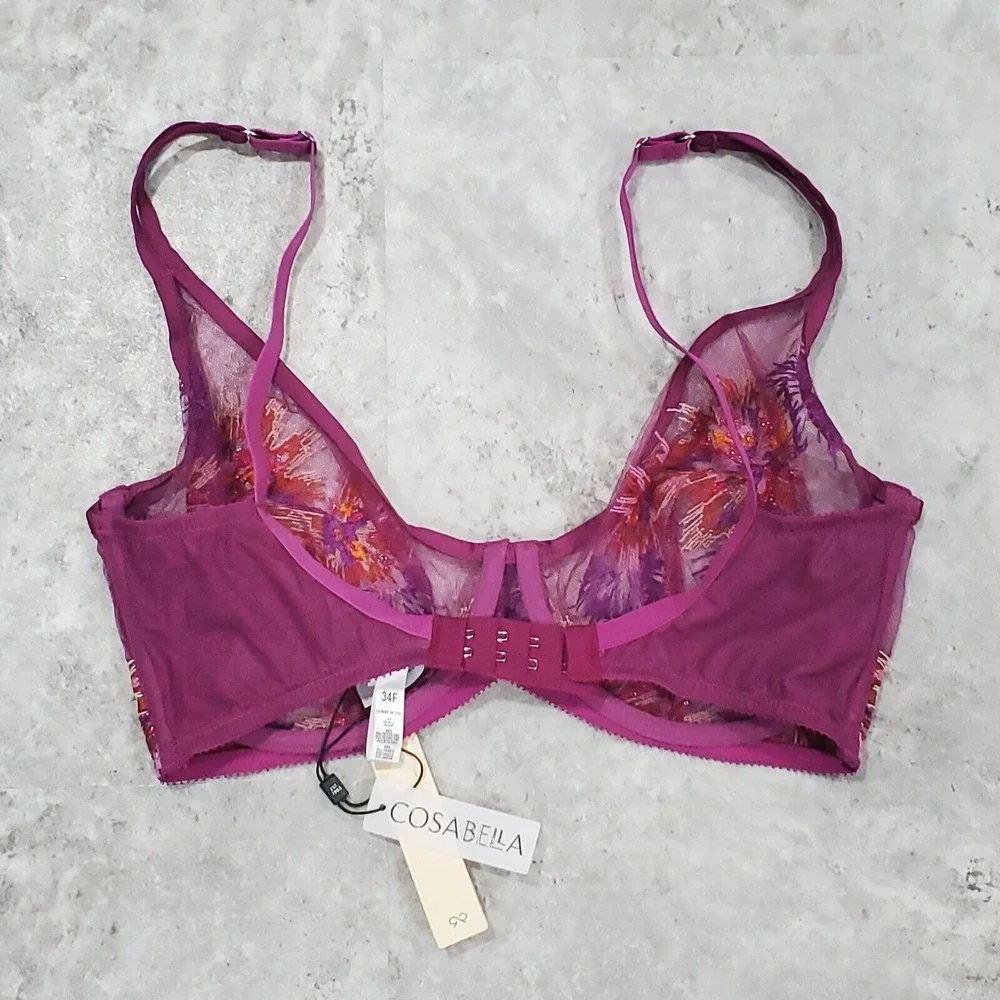 Cosabella Maasai Underwire Bra Pink Purple Floral Lace Mesh 34F NEW‎ W/ TAGS